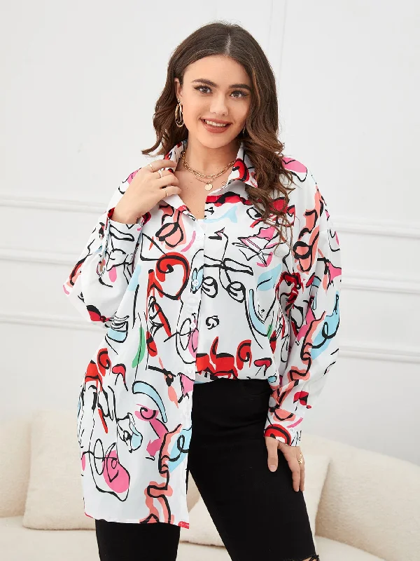 Graphic Button Front Long Sleeve Collar Long Plus Size Blouse