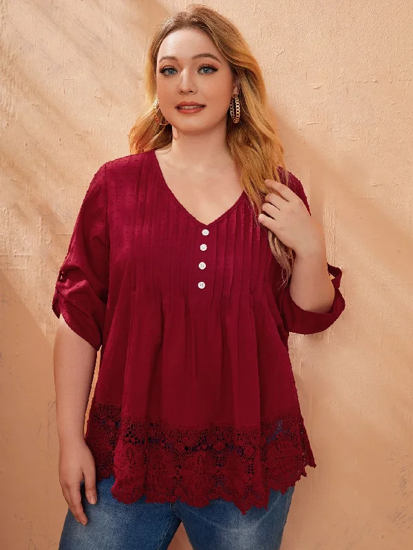 Plain Button Front Three Quarter Length Sleeve V Neck Long Plus Size Blouse