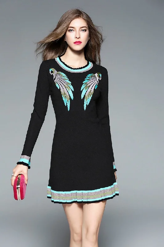 Parrot Embroidered Mini Sweater Dress