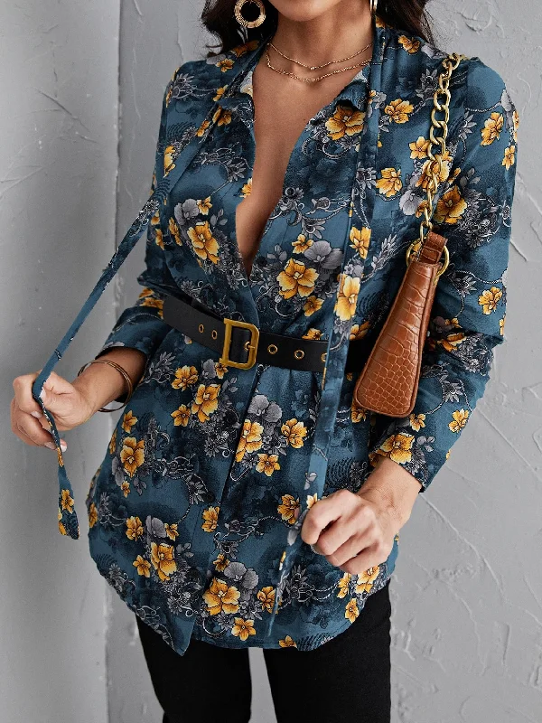 Boho Floral Button Front Long Sleeve Tie Neck Long Blouse