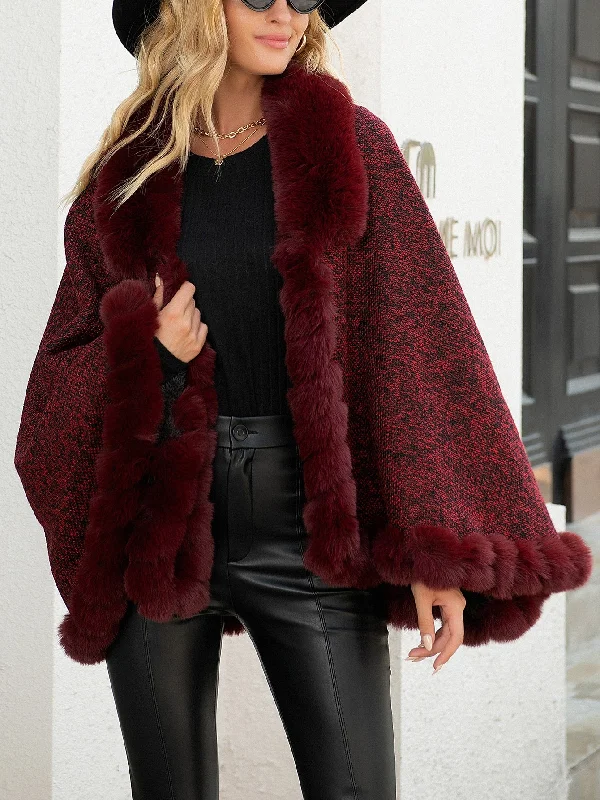 Elegant Plain Contrast Faux Fur Long Sleeve V Neck Midi Women Cardigan