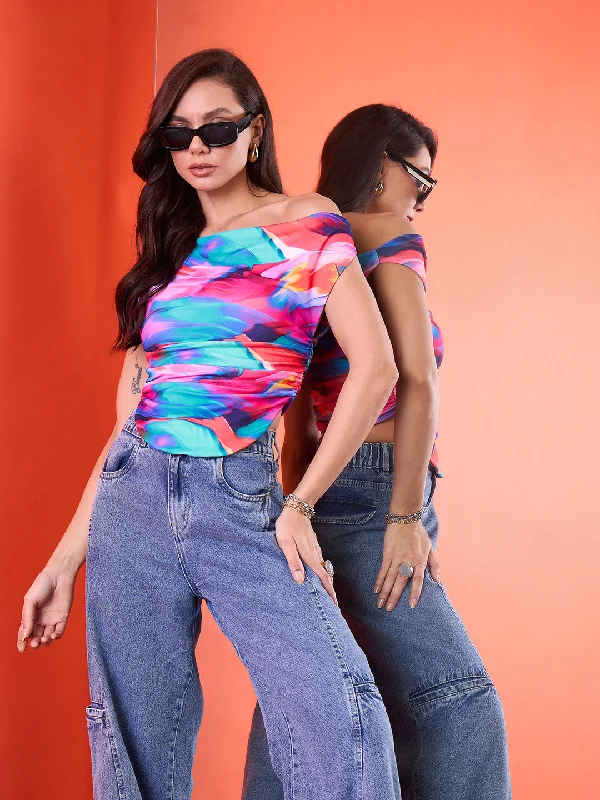 Take Advantage Printed Cotton Stretchable Draped Crop Top