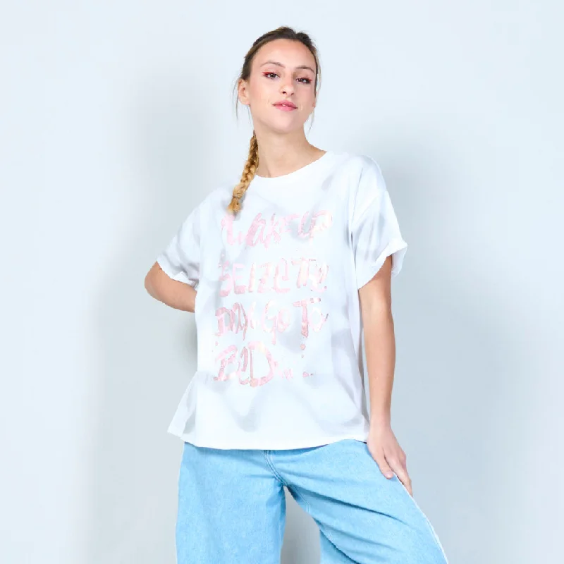 Shop the Weekend Away Metallic brushstroke 'Wake Up and Be Awesome' t-shirt wholesale