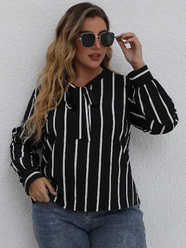 Striped Long Sleeve Tie Neck Regular Plus Blouse