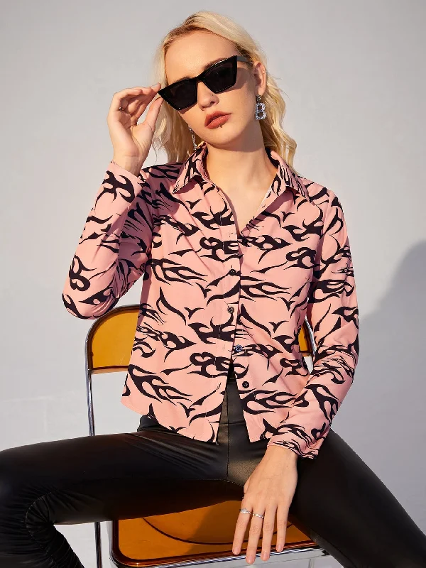 Casual All Over Print Button Front Long Sleeve Collar Regular Blouse