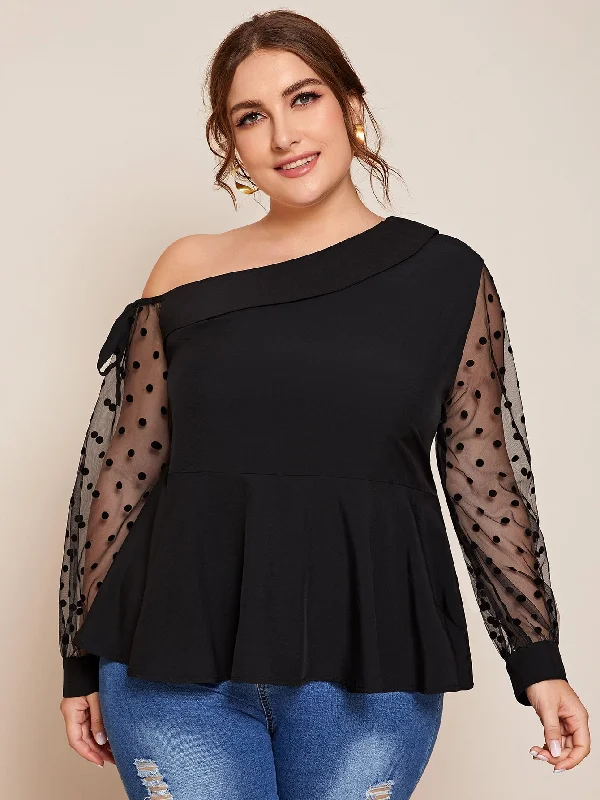 Polka Dot Ruffle Hem Long Sleeve Asymmetrical Neck Regular Plus Size Blouse