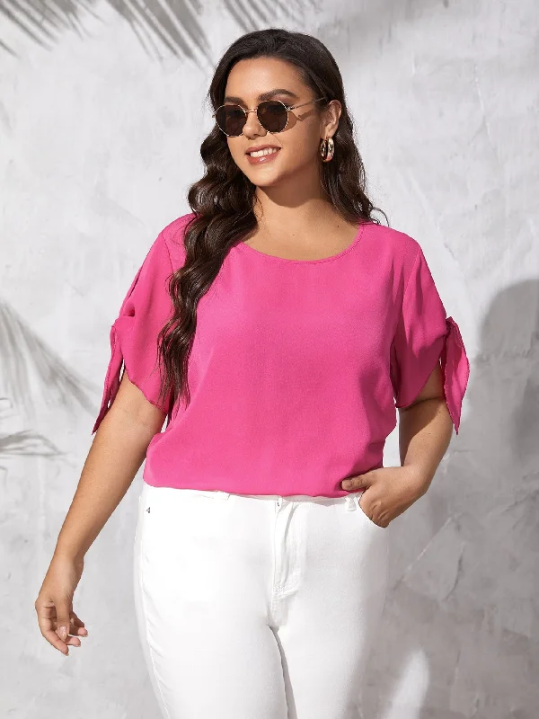 Plain Split Short Sleeve Scoop Neck Regular Plus Size Blouse