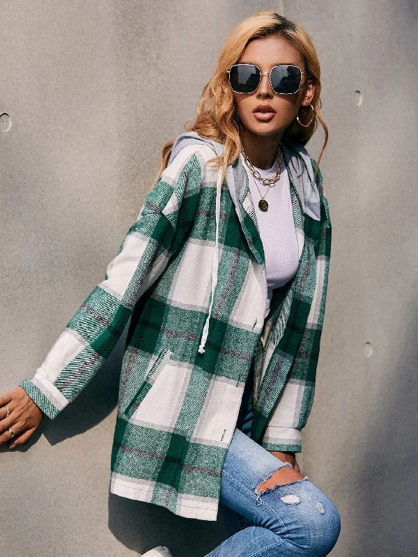 Plaid Drawstring Long Sleeve Hooded Short Women Overcoat