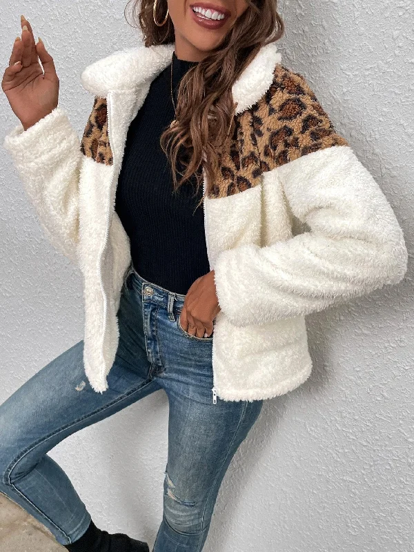 Casual Leopard Zipper Long Sleeve Collar Regular Women Coat