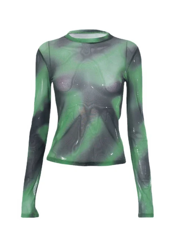 Green Printed Gradient Mesh Long Sleeve Top Cherrykitten