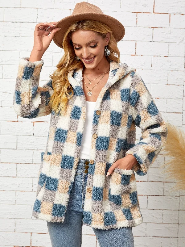 Casual Plaid Button Front Long Sleeve Hooded Short Women Coat