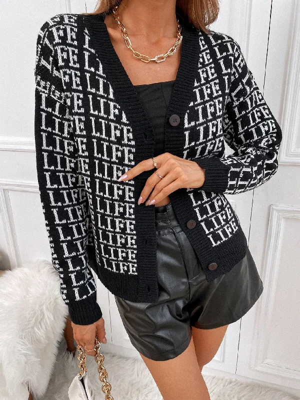 Casual Letter Button Front Long Sleeve Regular Women Cardigan