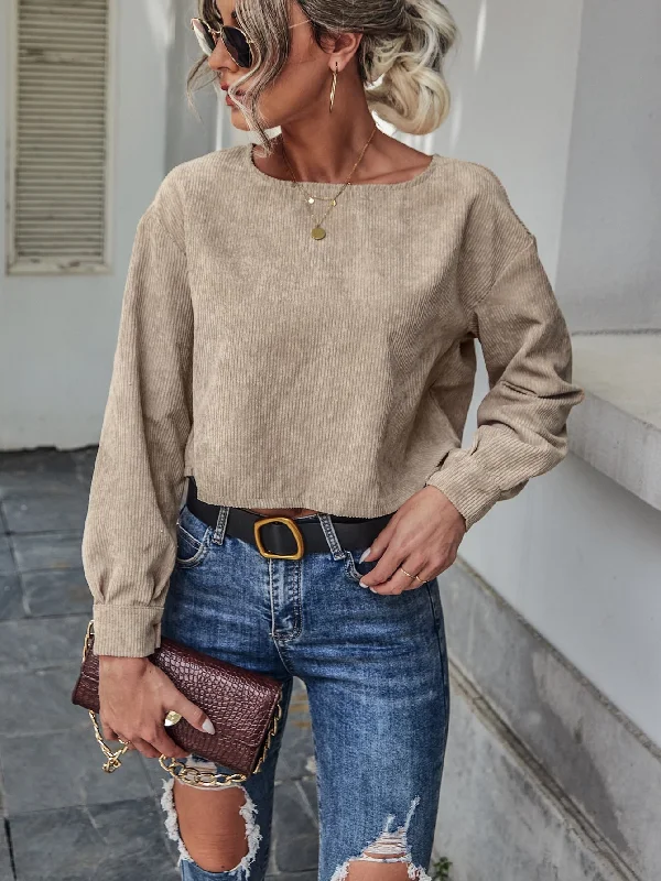 Casual Plain Long Sleeve Round Neck Regular Blouse