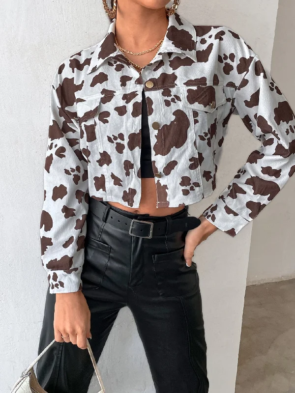 Casual Animal Button Front Long Sleeve Collar Crop Women Jacket