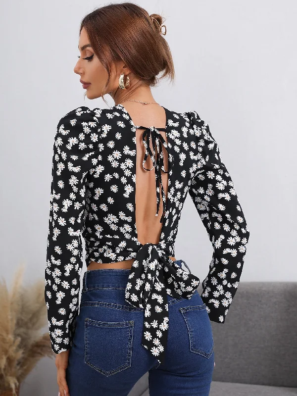 Glamorous Floral Tie Back Long Sleeve Round Neck Crop Blouse