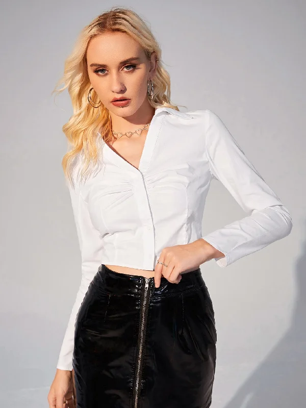 Casual Plain Button Front Long Sleeve Collar Crop Blouse