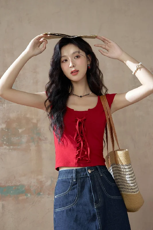 Exclusive Savings Cross Lace-up Design T-shirt for Women