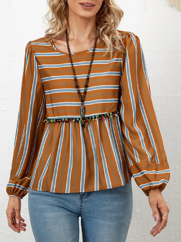 Cute Striped Ruffle Hem Long Sleeve Scoop Neck Flared Regular Blouse