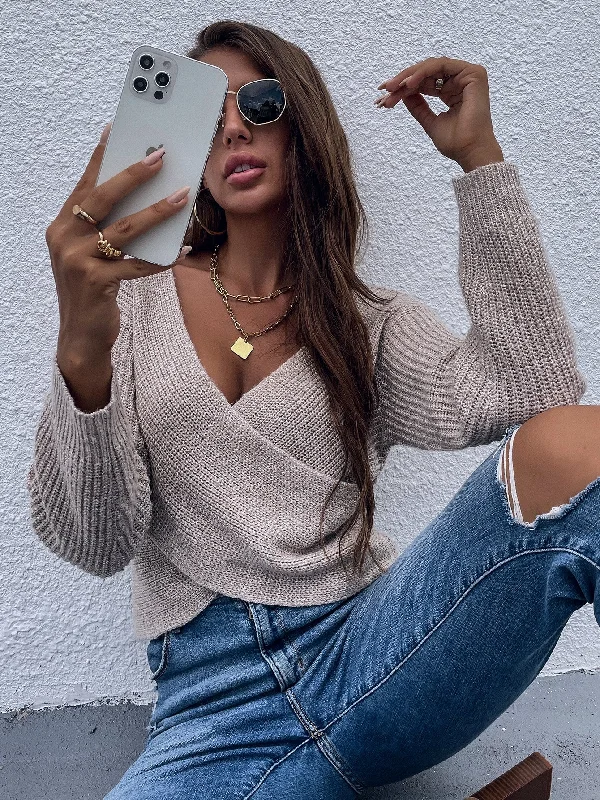 Casual Plain Rib-Knit Long Sleeve V Neck Crop Women Sweater