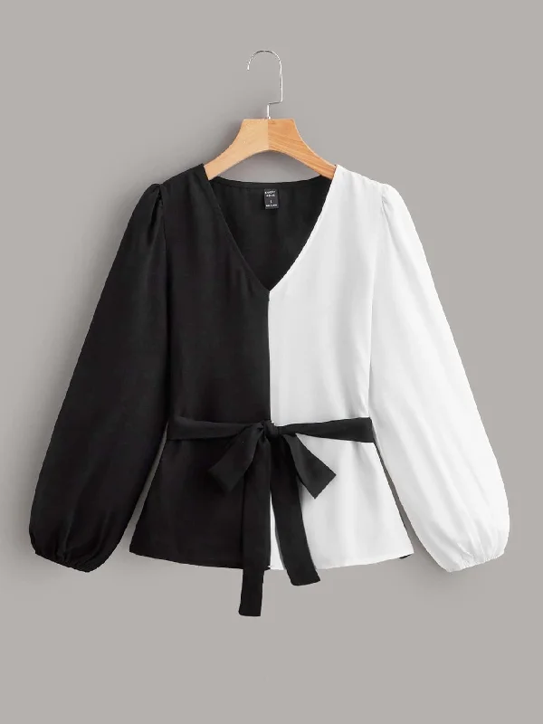 Casual Colorblock Belted Long Sleeve V Neck Regular Blouse