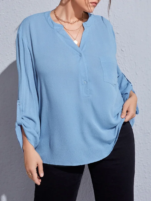 Plain Button Front Long Sleeve Notched Regular Plus Size Blouse