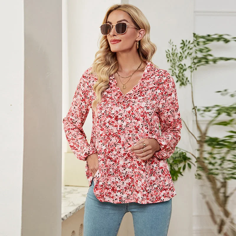 Casual Floral V-Neck Tops Loose Long Sleeve Wholesale Womens Long Sleeve T Shirts