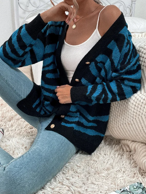 Casual Zebra Stripe Button Front Long Sleeve V Neck Short Women Cardigan