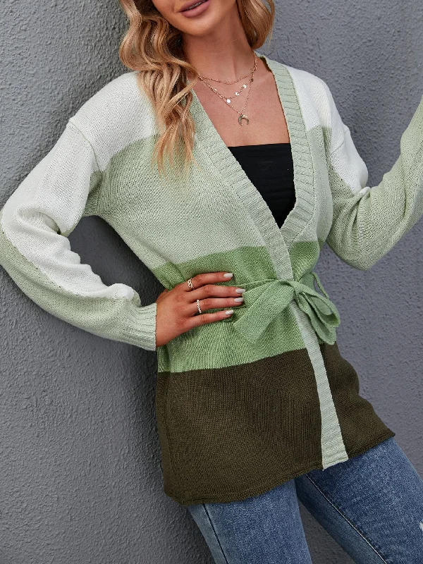 Casual Colorblock Belted Long Sleeve V Neck Short Women Cardigan