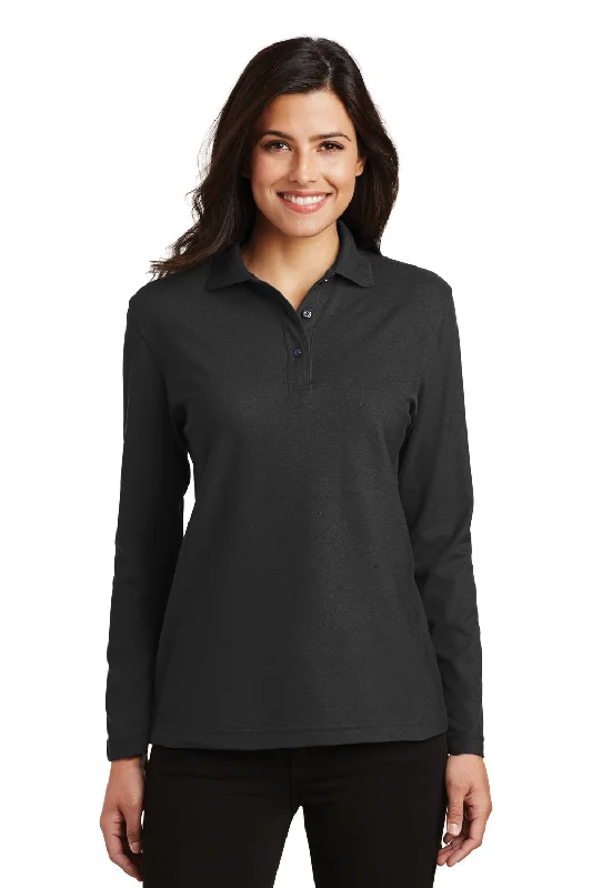 Port Authority Womens Silk Touch Wrinkle Resistant Long Sleeve Polo Shirt - Black