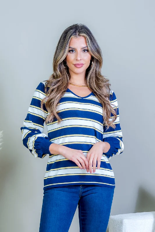 Multi Color Striped V Neck 3/4 Puff Sleeve Top with Criss Cross Back in Navy (HS183044)