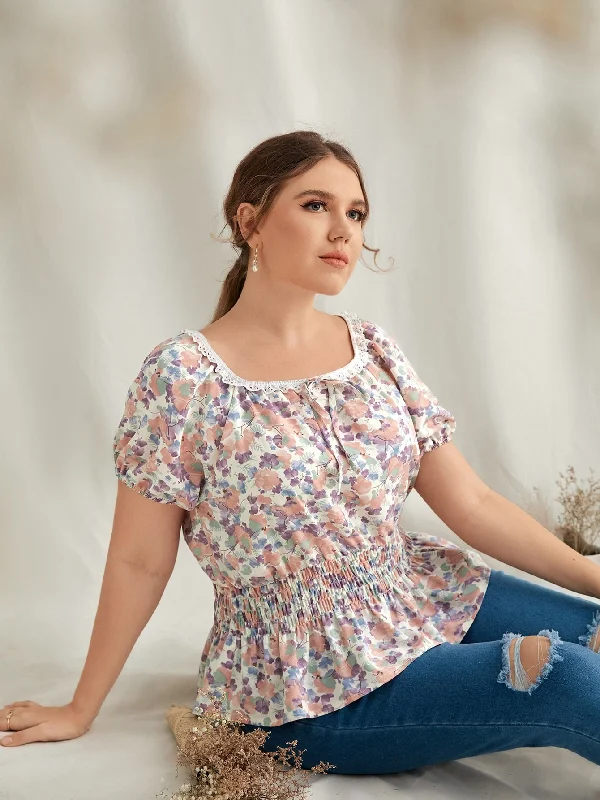 All Over Print Eyelet Embroidery Short Sleeve Scoop Neck Flared Regular Plus Size Blouse