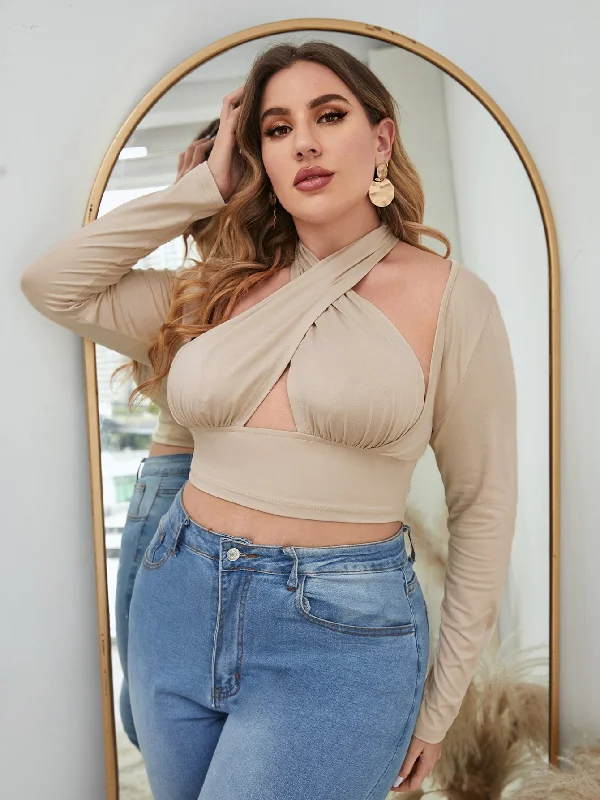 Plain Wrap Long Sleeve Halter Crop Plus Size Women Top