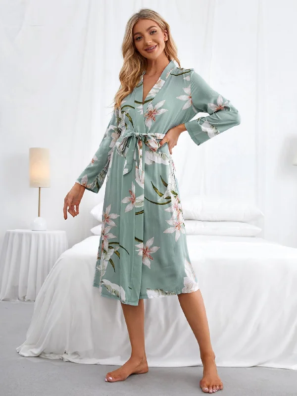 Floral Belted Long Sleeve V Neck Women Robes