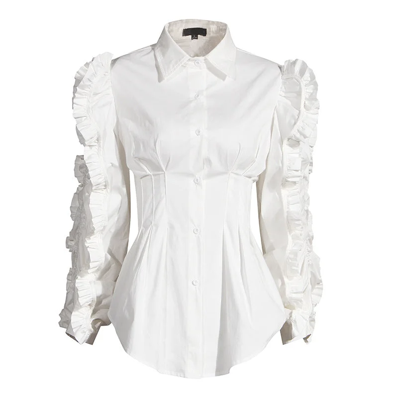 Shirt Blouse  Loose Pleated Ruffled Lapel Waist Long Sleeve Elegant White Shirt Women