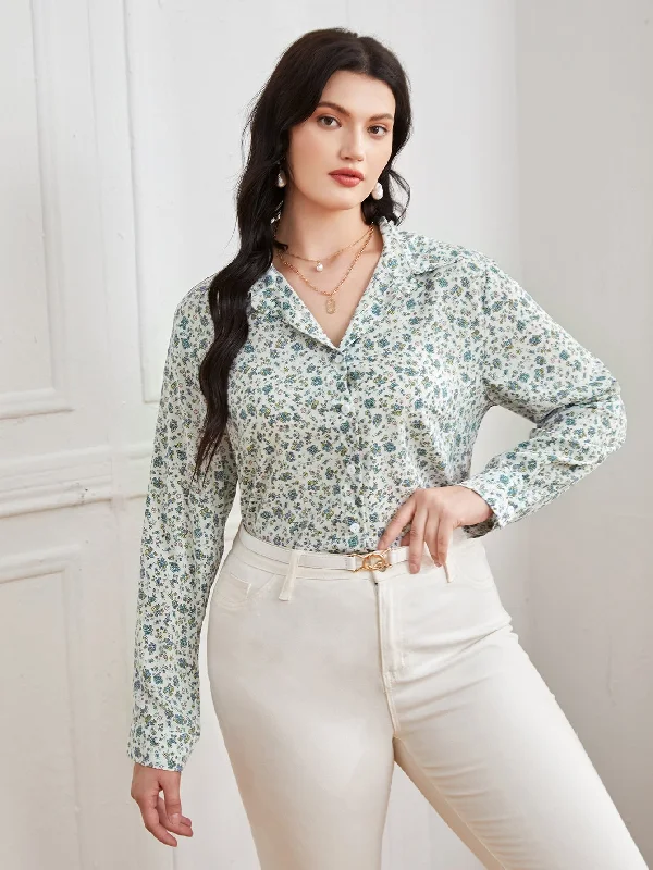 Ditsy Floral Button Front Long Sleeve Collar Long Plus Size Blouse