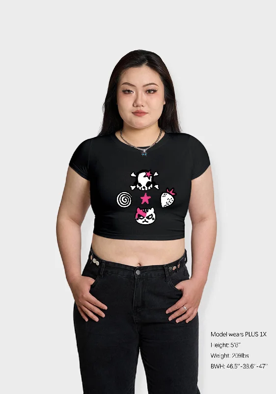 Curvy Skull Strawberry Cat Stars Baby Tee