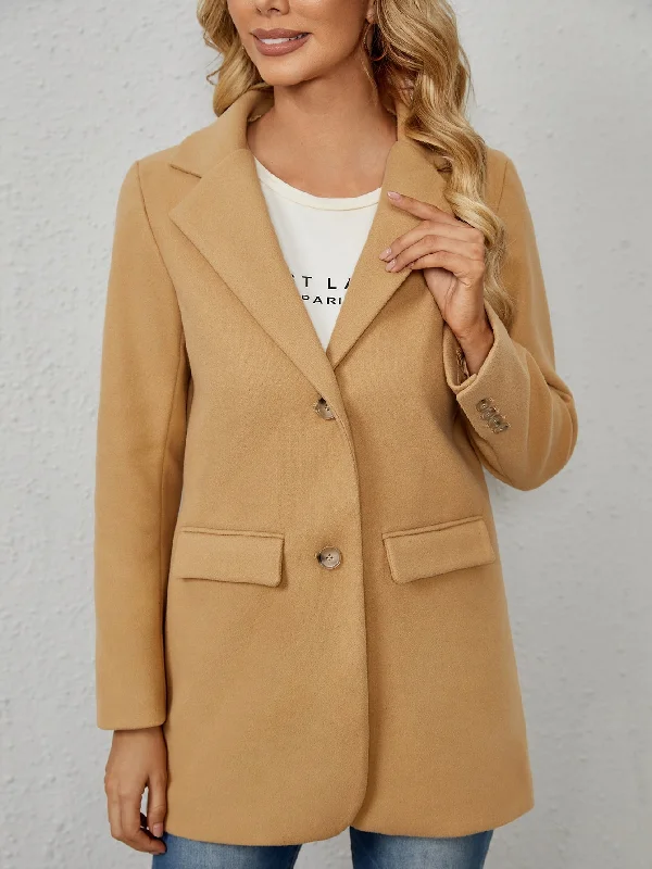 Plain Button Front Long Sleeve Lapel Short Women Overcoat