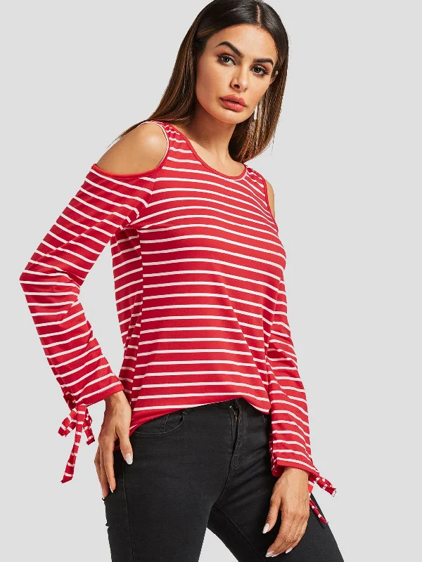 Custom Round Neck Cold Shoulder Stripe Cut Out Long Sleeve Red T-Shirts