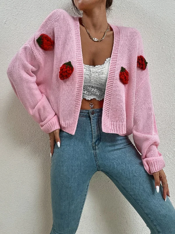 Casual Fruit&Vegetable Appliques Long Sleeve Crop Women Cardigan