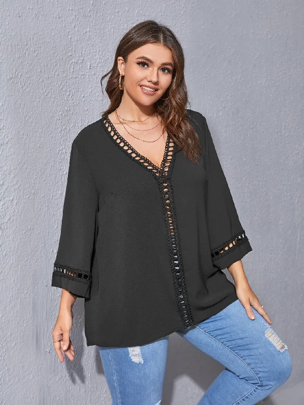 Plain Contrast Lace Three Quarter Length Sleeve V Neck Regular Plus Size Blouse