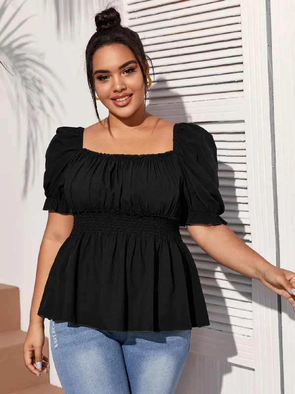 Plain Ruched Bust Short Sleeve Square Neck Regular Plus Size Blouse