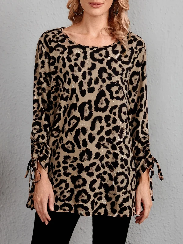 Elegant Leopard Drawstring Long Sleeve Round Neck Long Blouse