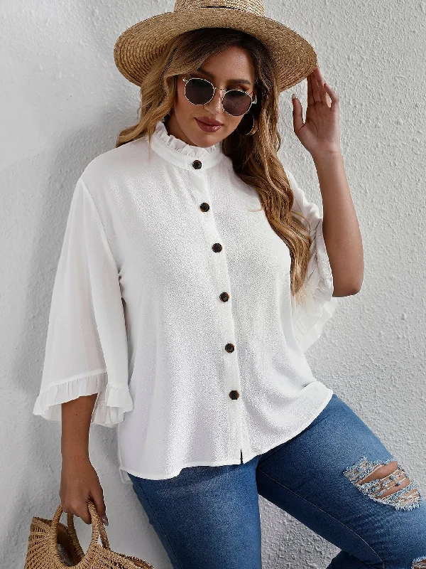 Plain Button Front Three Quarter Length Sleeve Stand Collar Semi-Sheer Regular Plus Size Blouse