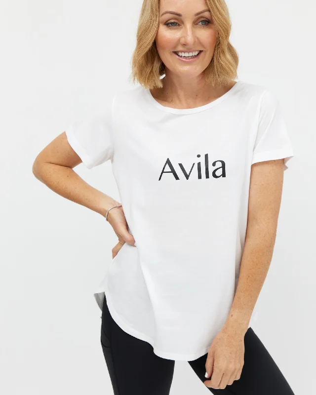 Weekend Discounts to Delight Avila logo T-shirt -White