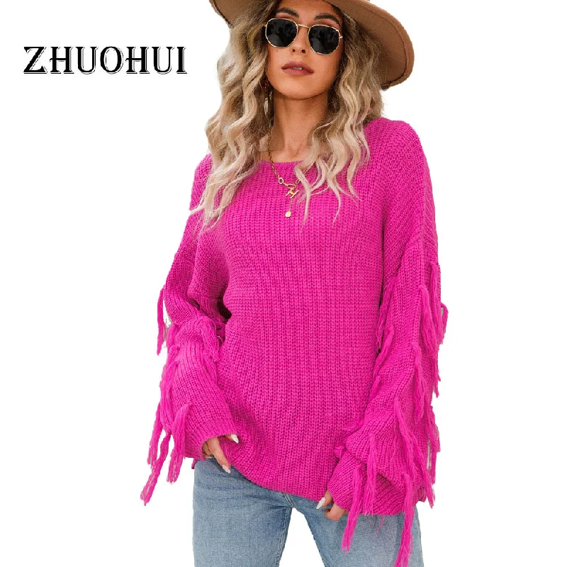 2022 New Autumn Casual Round Collar Tassels Trim Plain Knitting Pullover Sweater Tops For Women