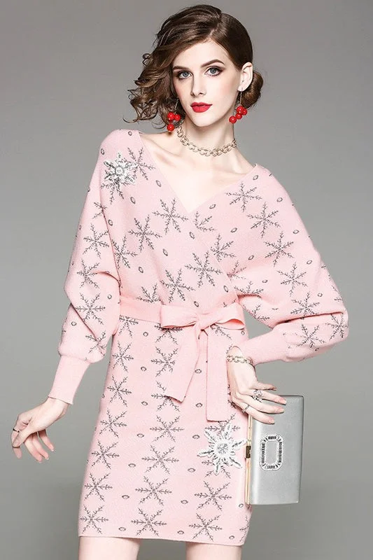 V Neck Snowflake Sweater Dress