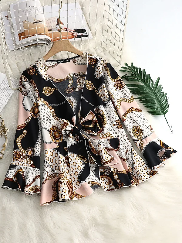 Chain Print Ruffle Hem Long Sleeve Deep V Neck Regular Plus Size Blouse