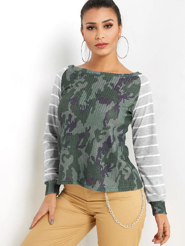 Custom Round Neck One Shoulder Stripe Camouflage Long Sleeve Green T-Shirts