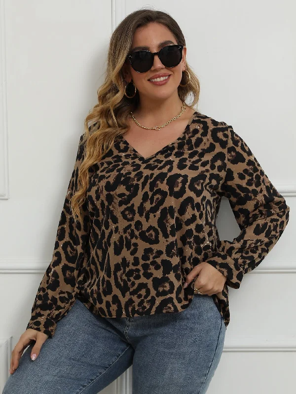 Leopard Contrast Lace Long Sleeve V Neck Regular Plus Size Blouse