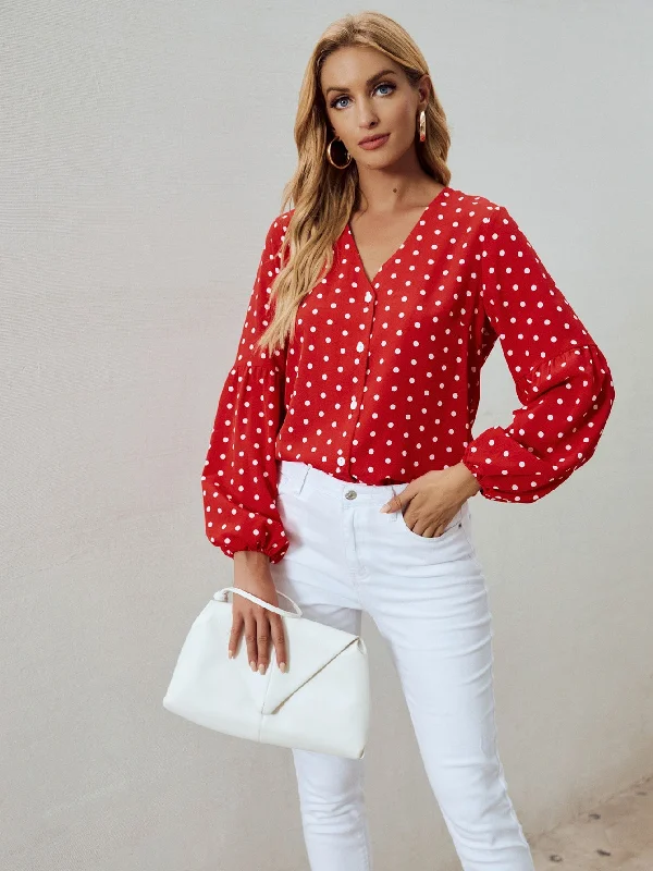 Elegant Polka Dot Button Front Long Sleeve V Neck Regular Blouse